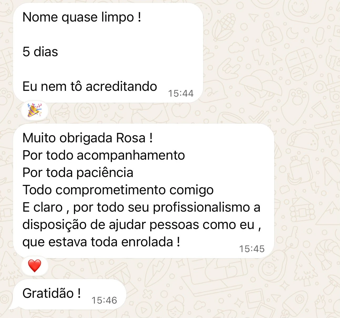 Print de WhatsApp: cliente comemora que o nome está quase limpo em 5 dias e agradece o acompanhamento.